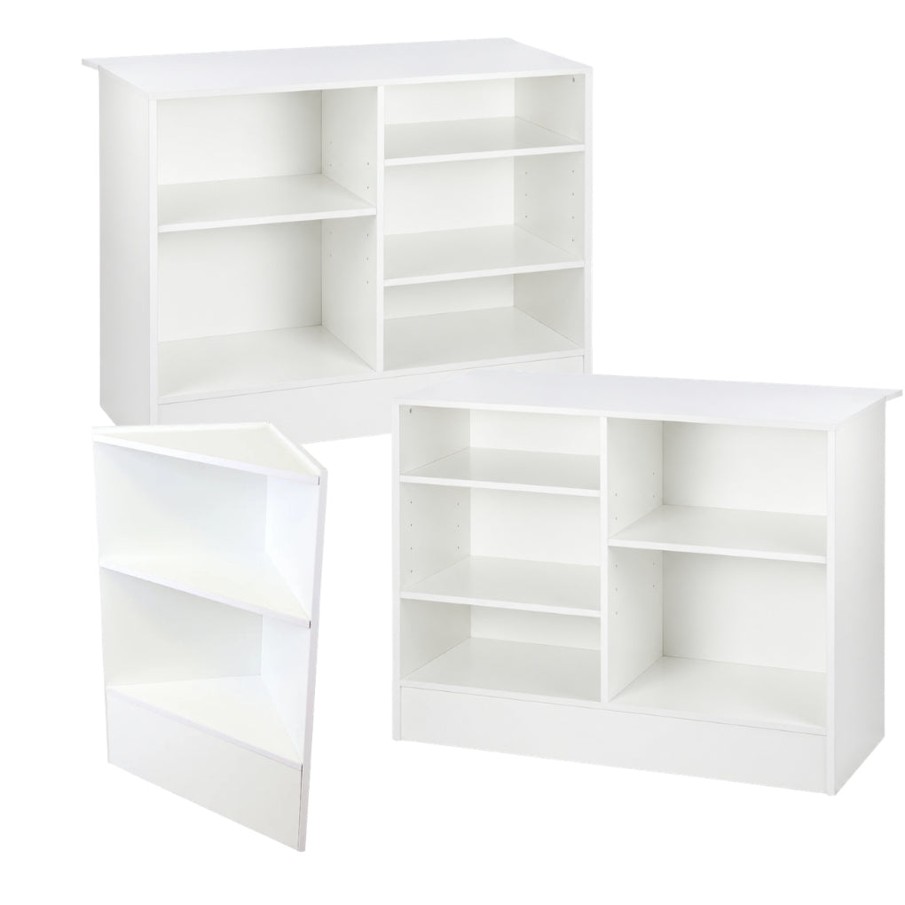 2 x White Shop Counters and 1 x Corner Display Unit with Wooden Shelves Bundle