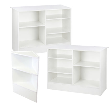 2 x White Shop Counters and 1 x Corner Display Unit with Wooden Shelves Bundle