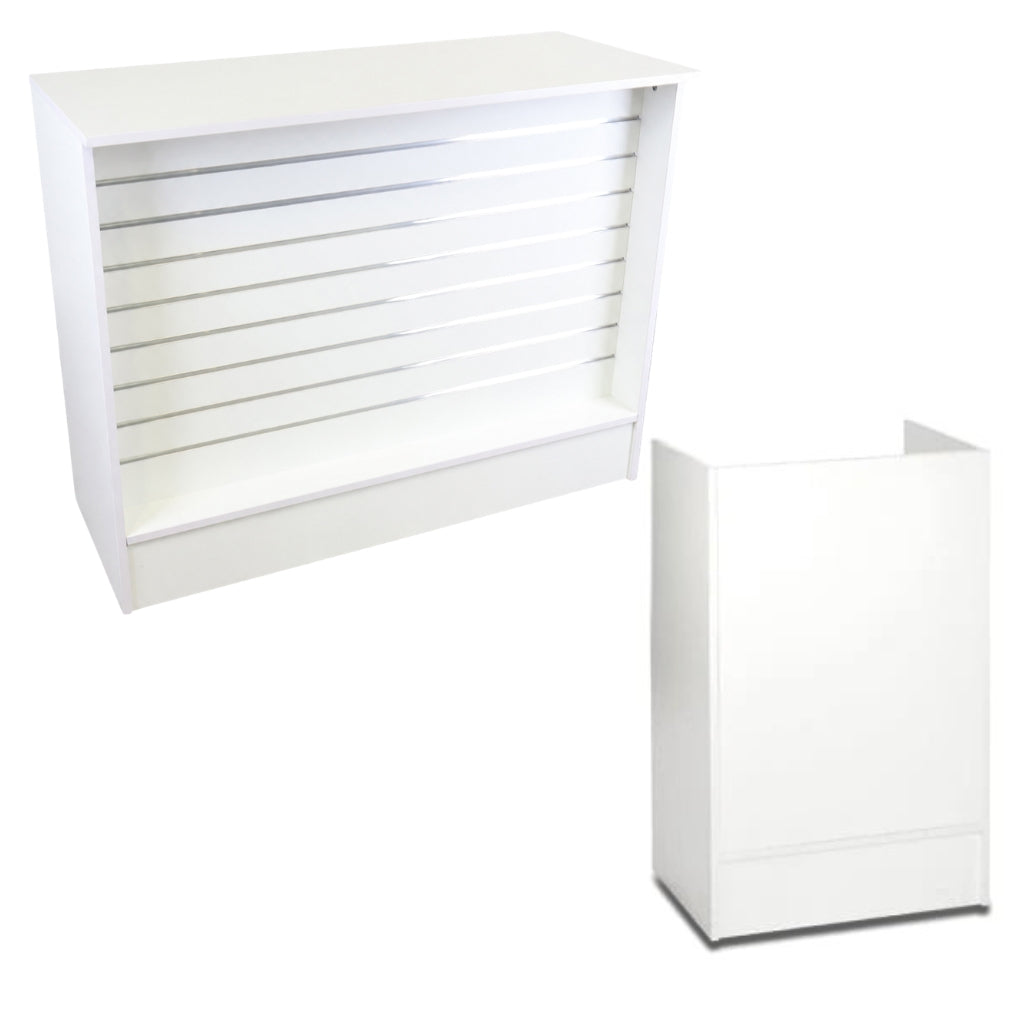 White Shop Counter with Slatwall Front and Till Unit Bundle - Silhouette Range