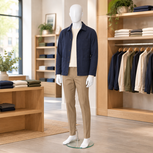 Candor matt white egghead mannequin in a menswear shop