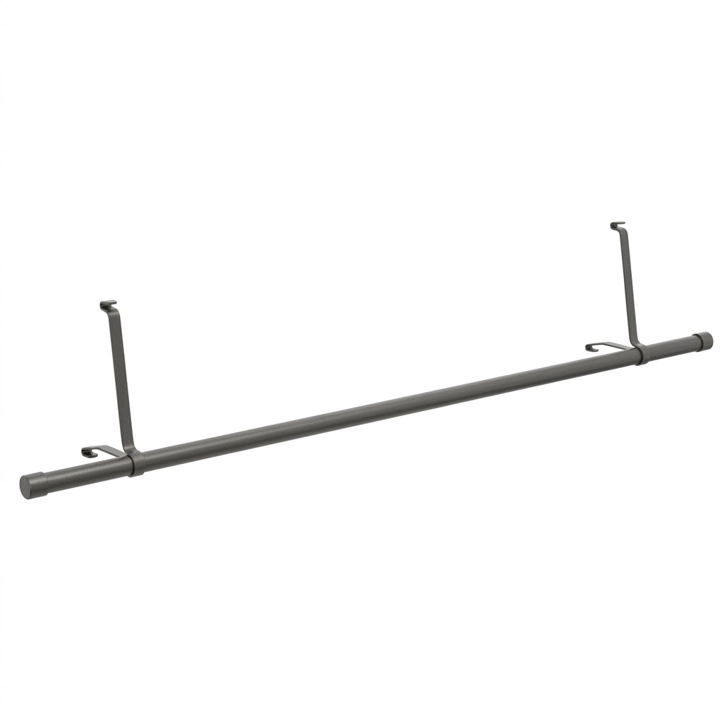 A dark gray metal hanging rod with four hook-like end attachments, shown on a plain white background.