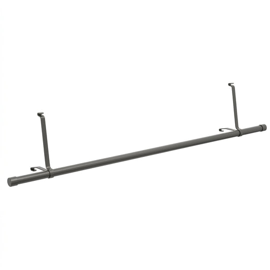 A dark gray metal hanging rod with four hook-like end attachments, shown on a plain white background.