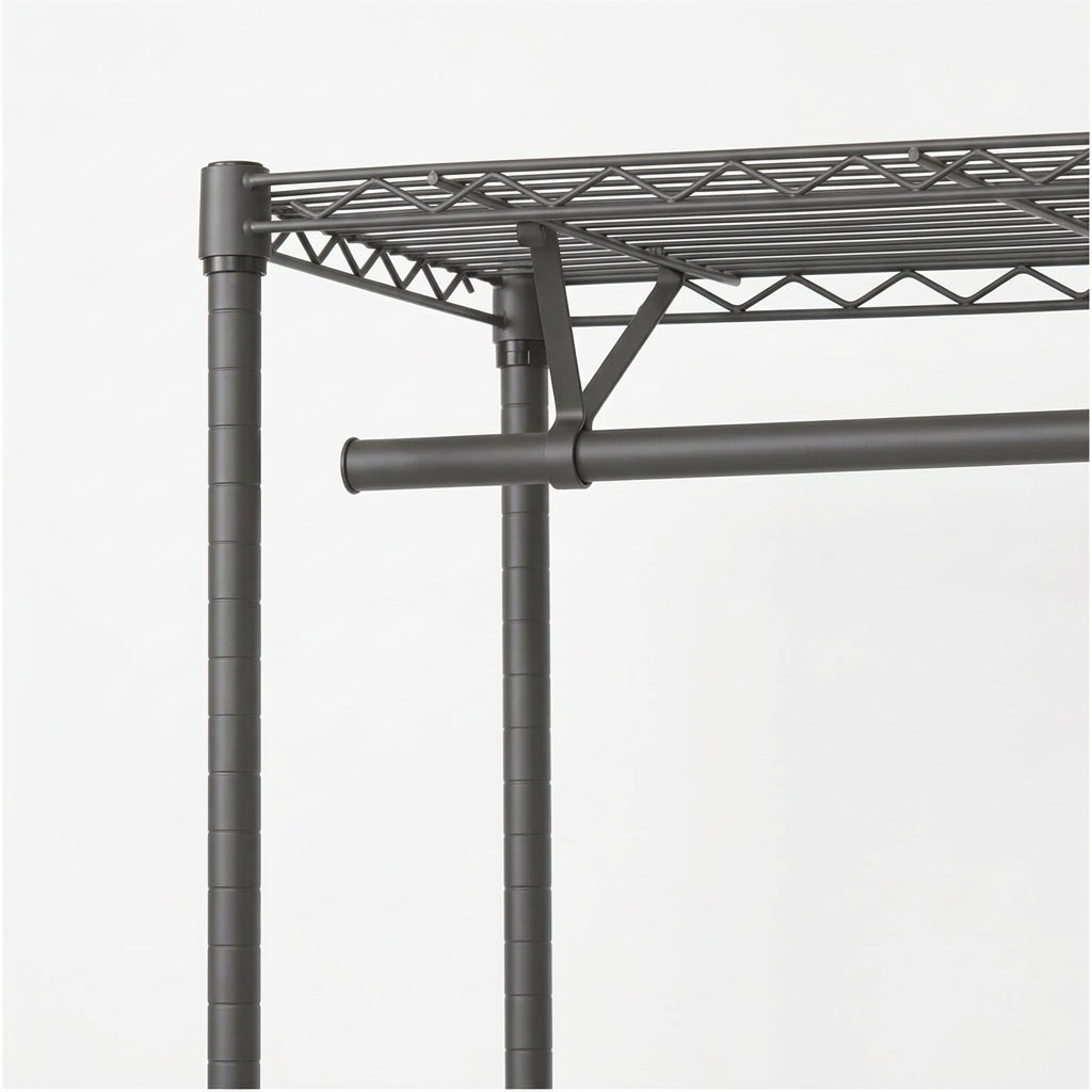 Close-up of a dark gray metal wire storage shelf with two vertical support legs and a horizontal support rod, shown against a plain light gray background.