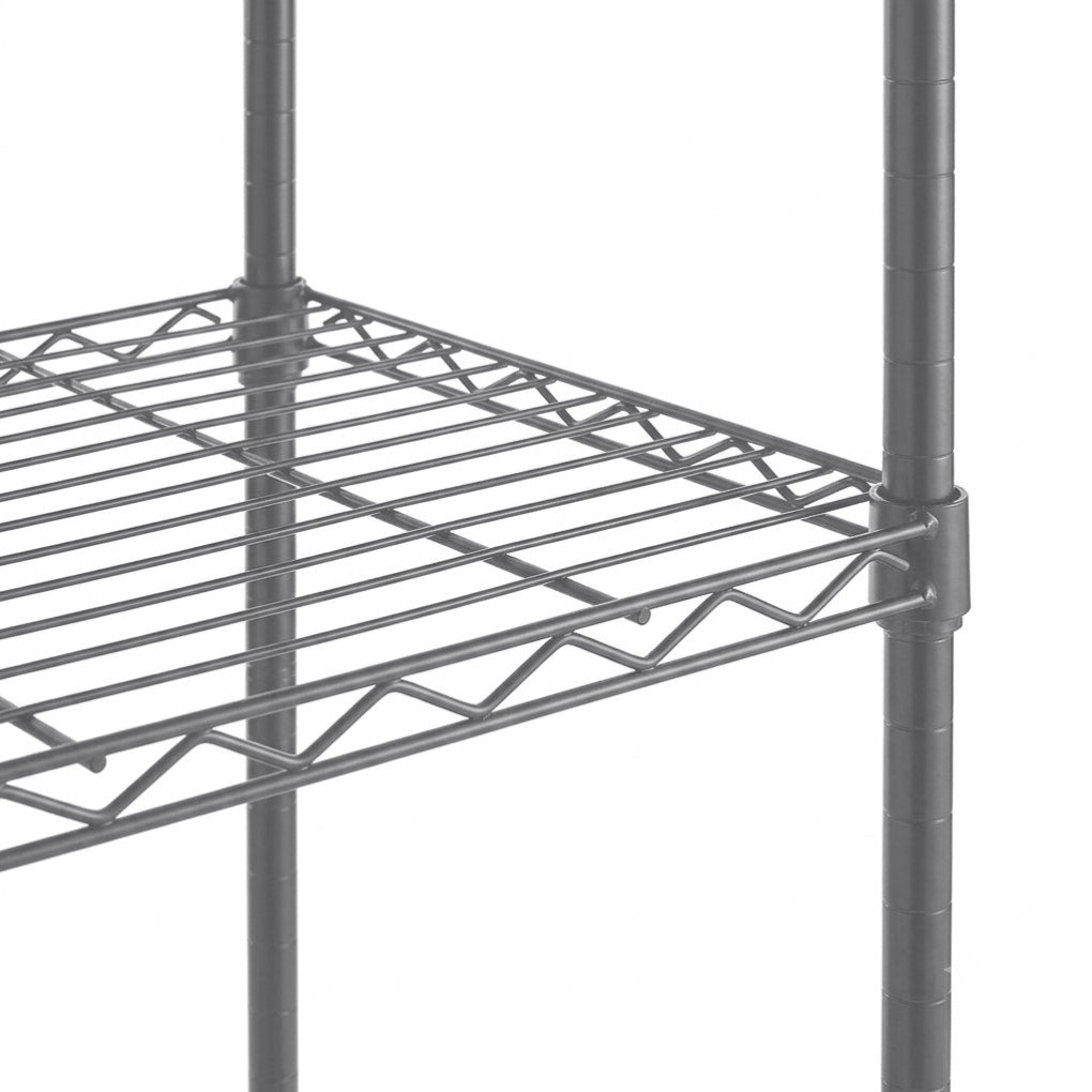 Close-up of a black metal wire shelving unit showing the slatted shelf and vertical support posts against a plain white background.