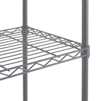 Close-up of a black metal wire shelving unit showing the slatted shelf and vertical support posts against a plain white background.