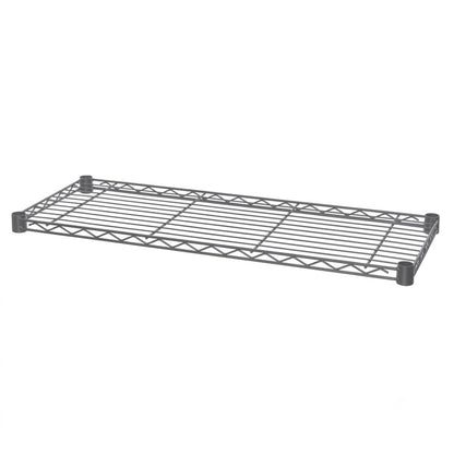 A dark gray metal wire storage shelf with plastic feet, shown at an angle on a plain white background.
