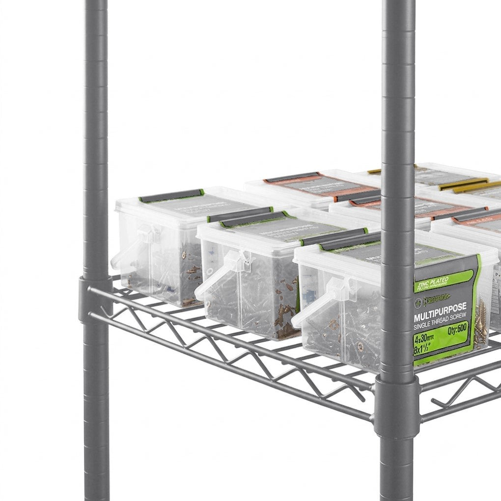Gray metal wire storage shelving with clear plastic bins containing screws, shown on a white background.
