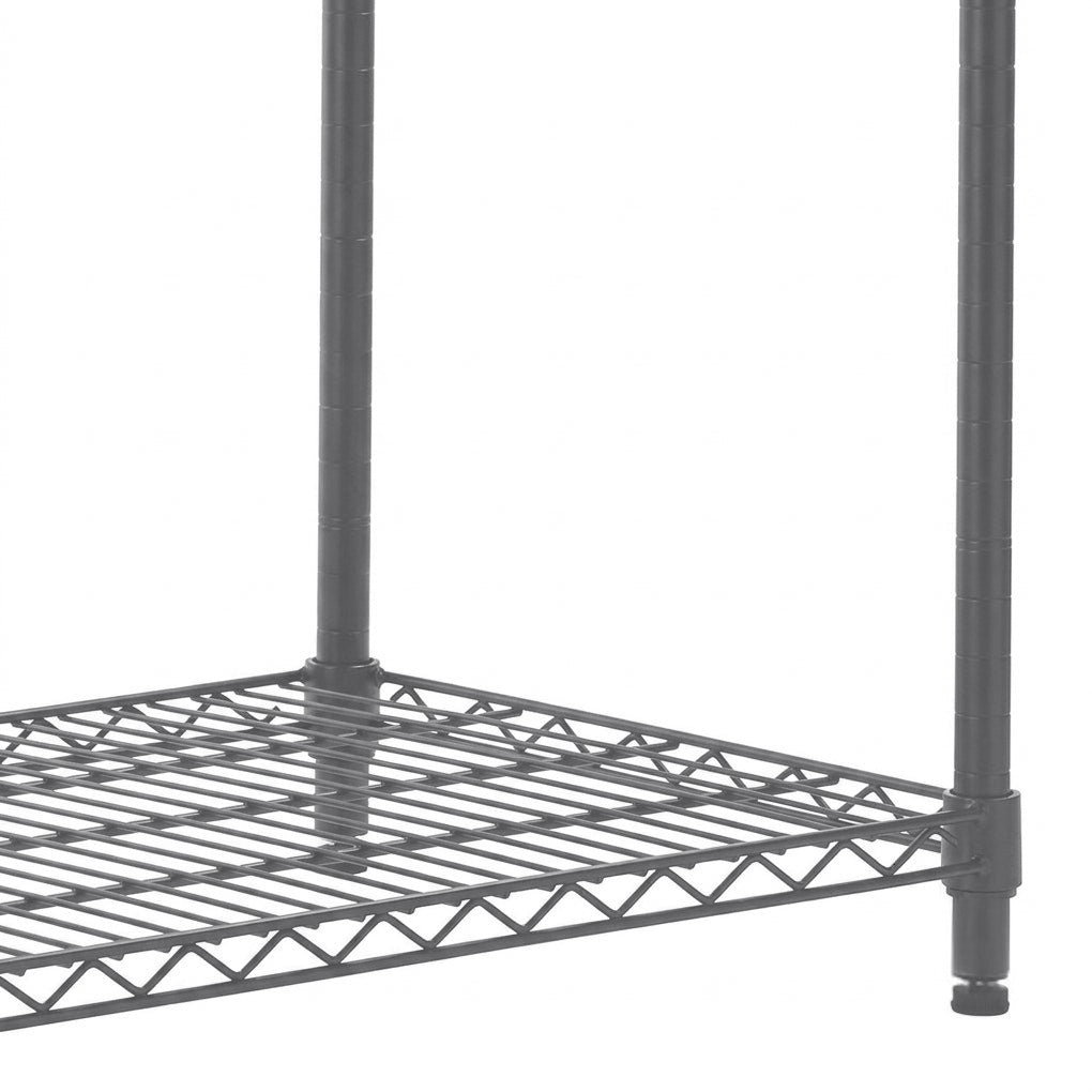 Close-up of a carbon grey metal wire storage shelf with a vertical support post, shown on a plain white background.