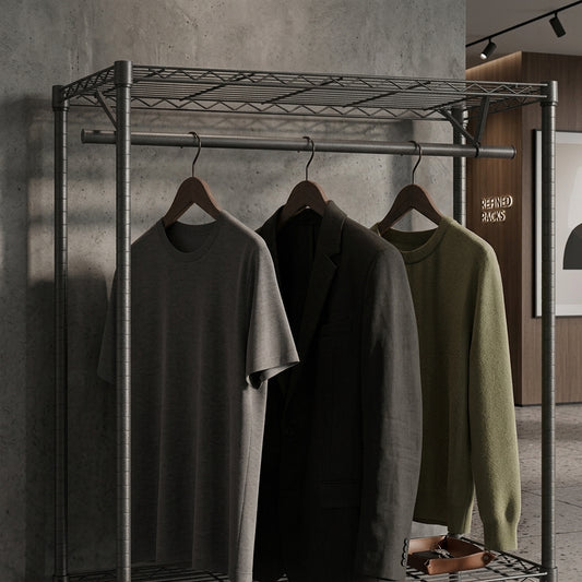 Three garments hanging on a metal clothing rack in a styled interior: a heather gray short-sleeve T-shirt, a black blazer, and an olive green knit sweater. The rack is set against a textured concrete wall with warm ambient lighting.