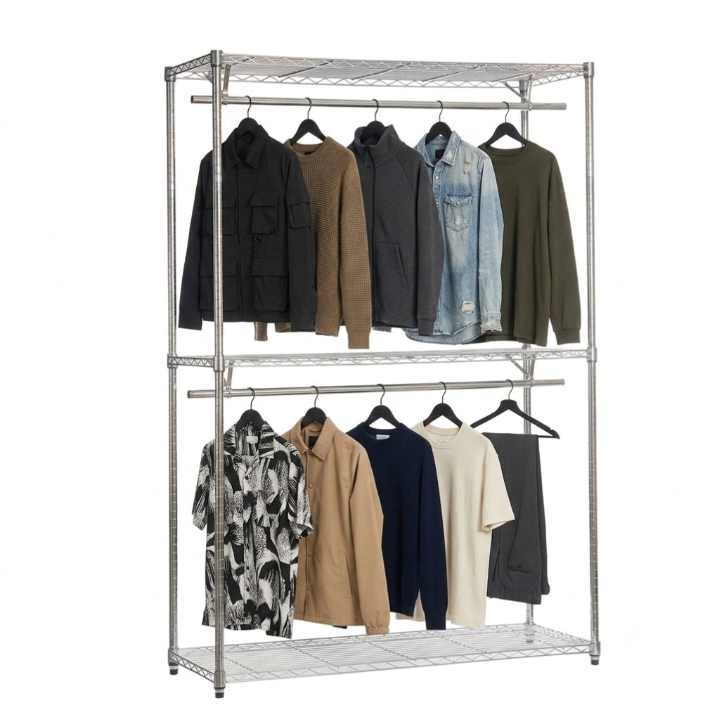 Chrome Wire Clothes Rack - 2 x Rails & 3 x Shelves - H2100 x W1200 x D450mm