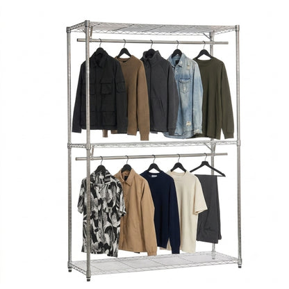 Chrome Wire Clothes Rack - 2 x Rails & 3 x Shelves - H2100 x W1200 x D450mm