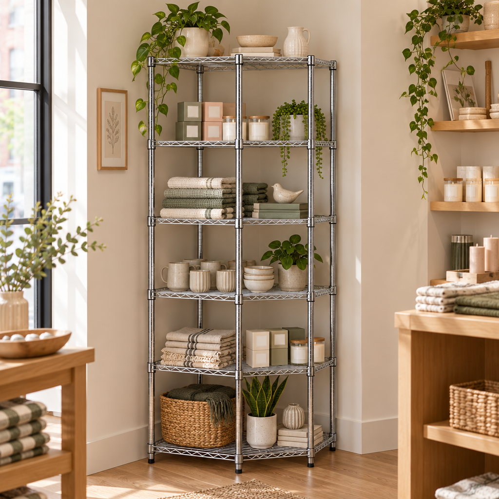 Chrome corner shelving unit in a retail homewares setting