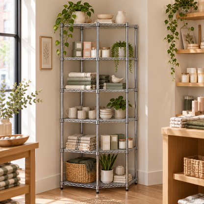 Chrome corner shelving unit in a retail homewares setting