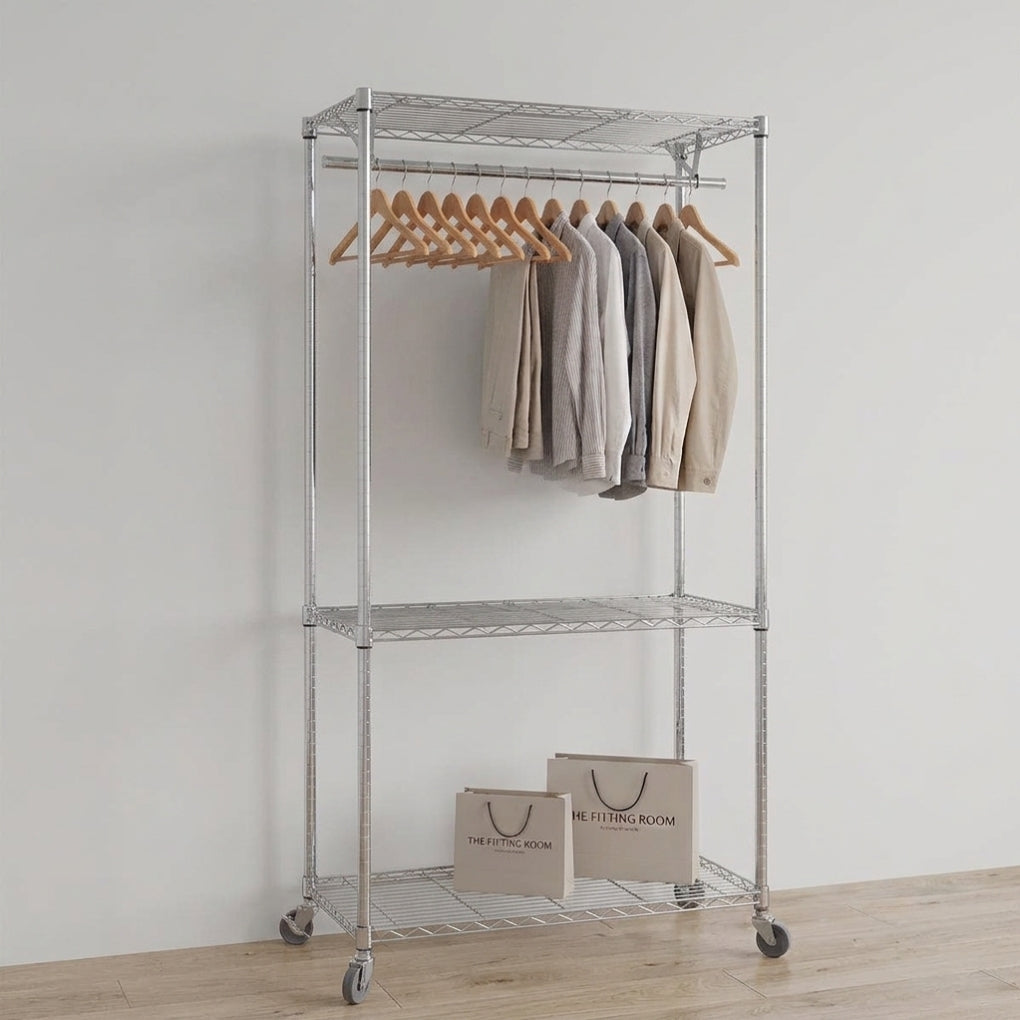 Chrome Wire Clothes Rack with Wheels - 1 x Rail & 3 x Shelves - H1875 x D450mm