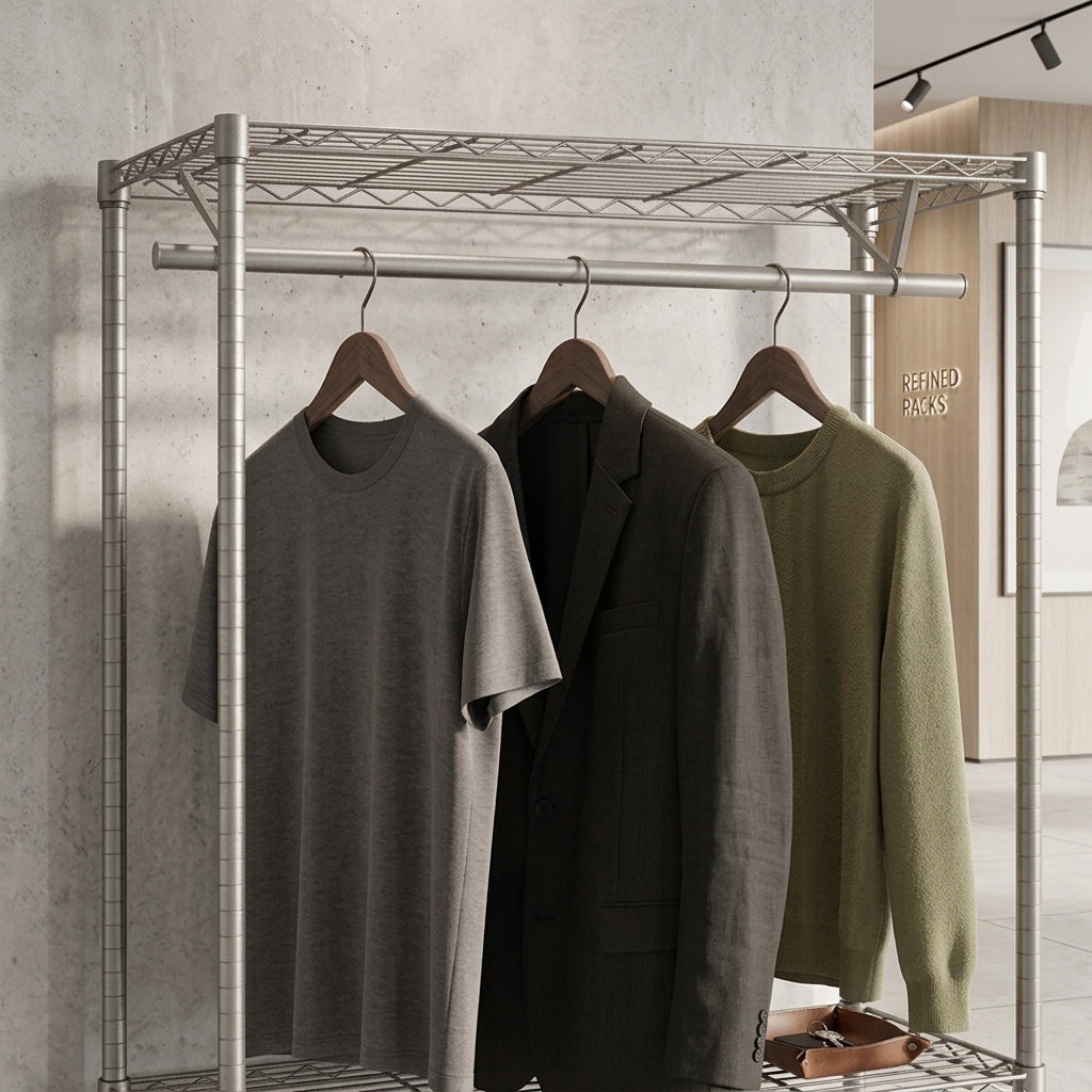 Three garments hanging on a metal clothing rack in an indoor room: a heather gray short-sleeve T-shirt, a dark charcoal blazer, and an olive green knit sweater. The rack is positioned against a textured concrete wall.