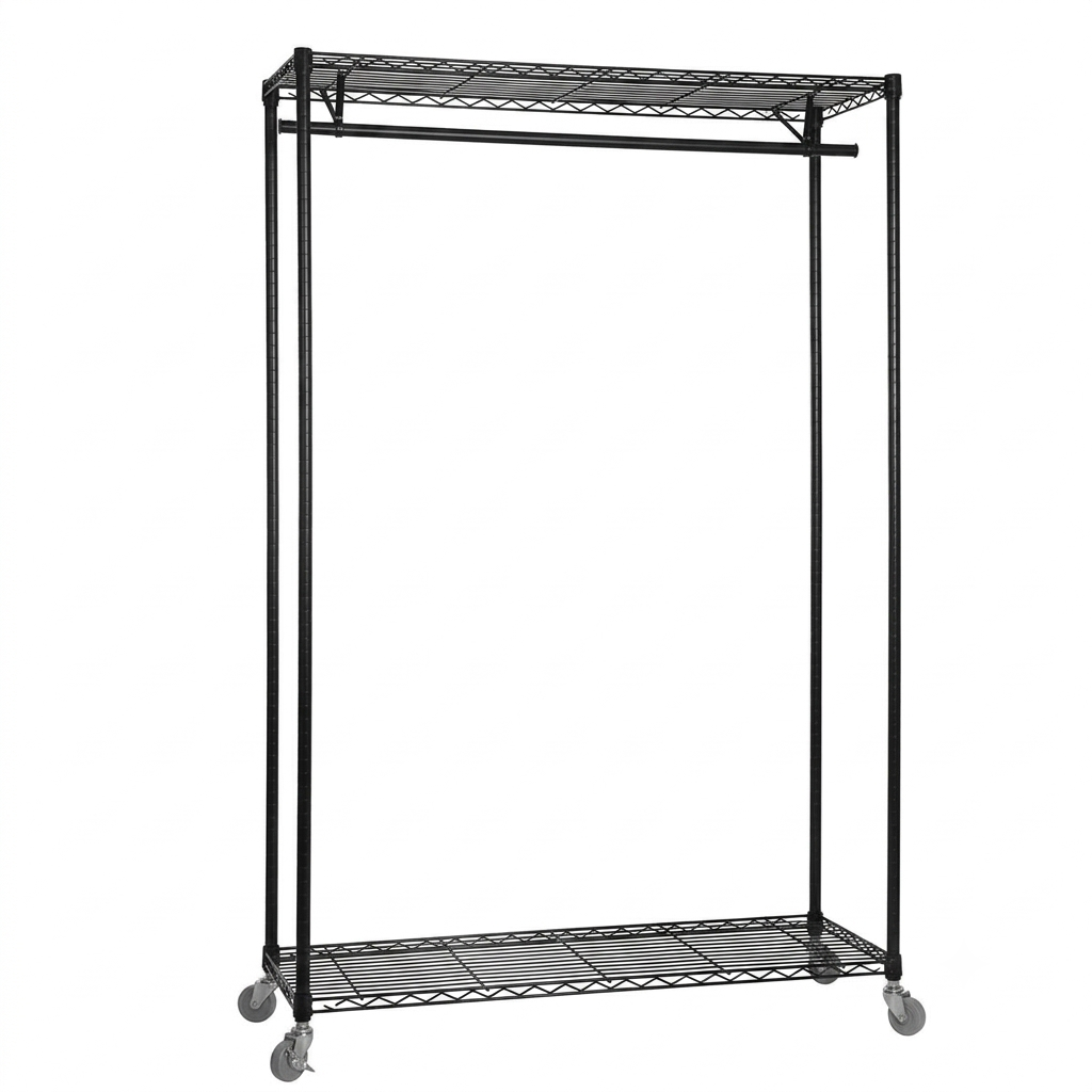 Black Wire Clothes Rack with Wheels - H1875mm - 1 x Rail & 2 x Shelves