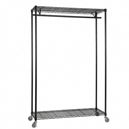 Black Wire Clothes Rack with Wheels - H1875mm - 1 x Rail & 2 x Shelves