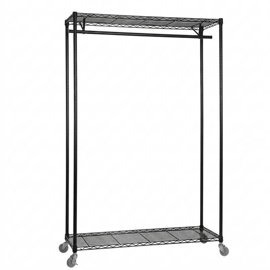 Black Wire Clothes Rack with Wheels - H1875mm - 1 x Rail & 2 x Shelves