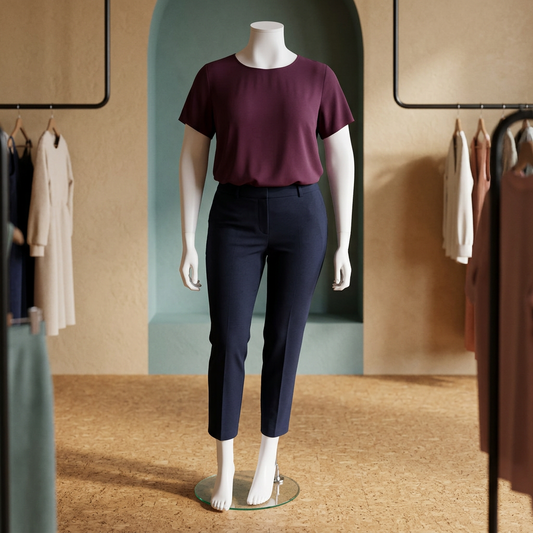 Curve female matt-white mannequin in a sand-and-teal boutique