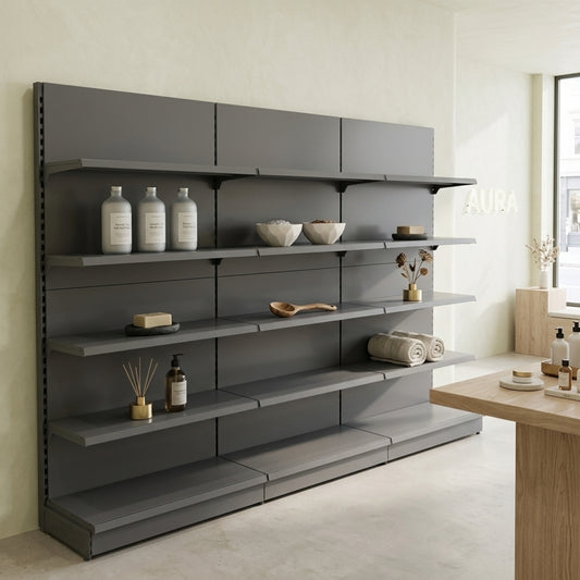 Dark Grey Retail Wall Shelving - 3 Bays With 470mm Base Shelf