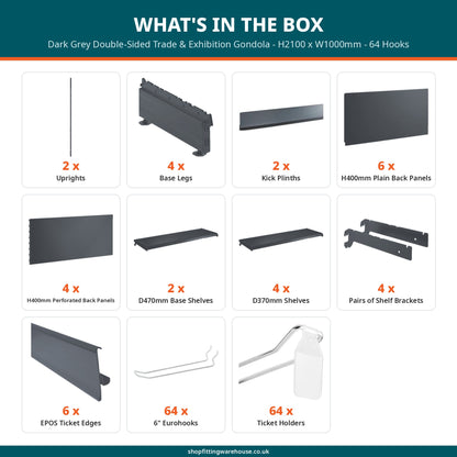 Dark Grey Double-Sided Trade & Exhibition Gondola - H2100 x W1000mm - 64 Hooks