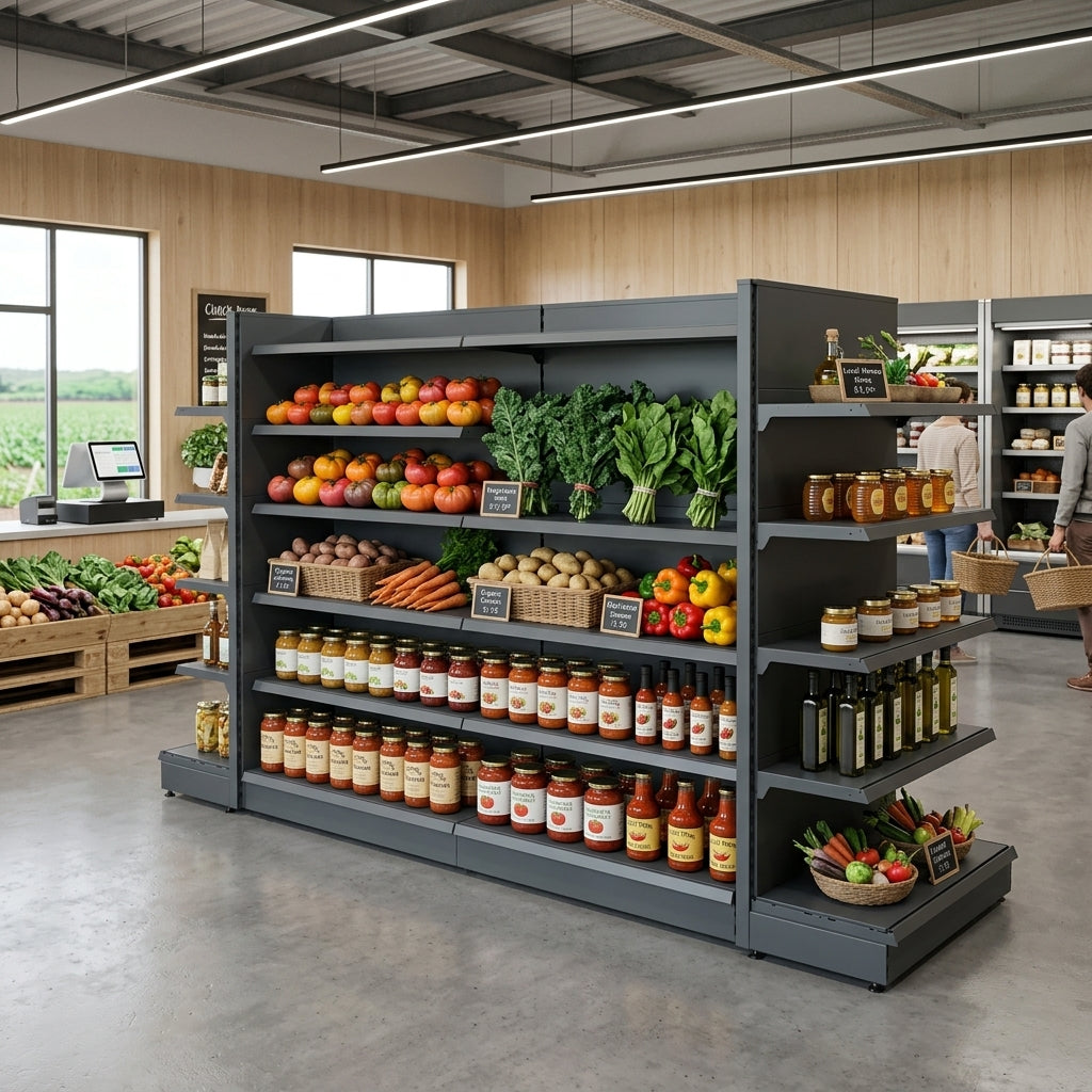 Dark Grey Retail Gondola Shelving - H1400mm - 2 Bays & 2 End Bays - 18 Shelves