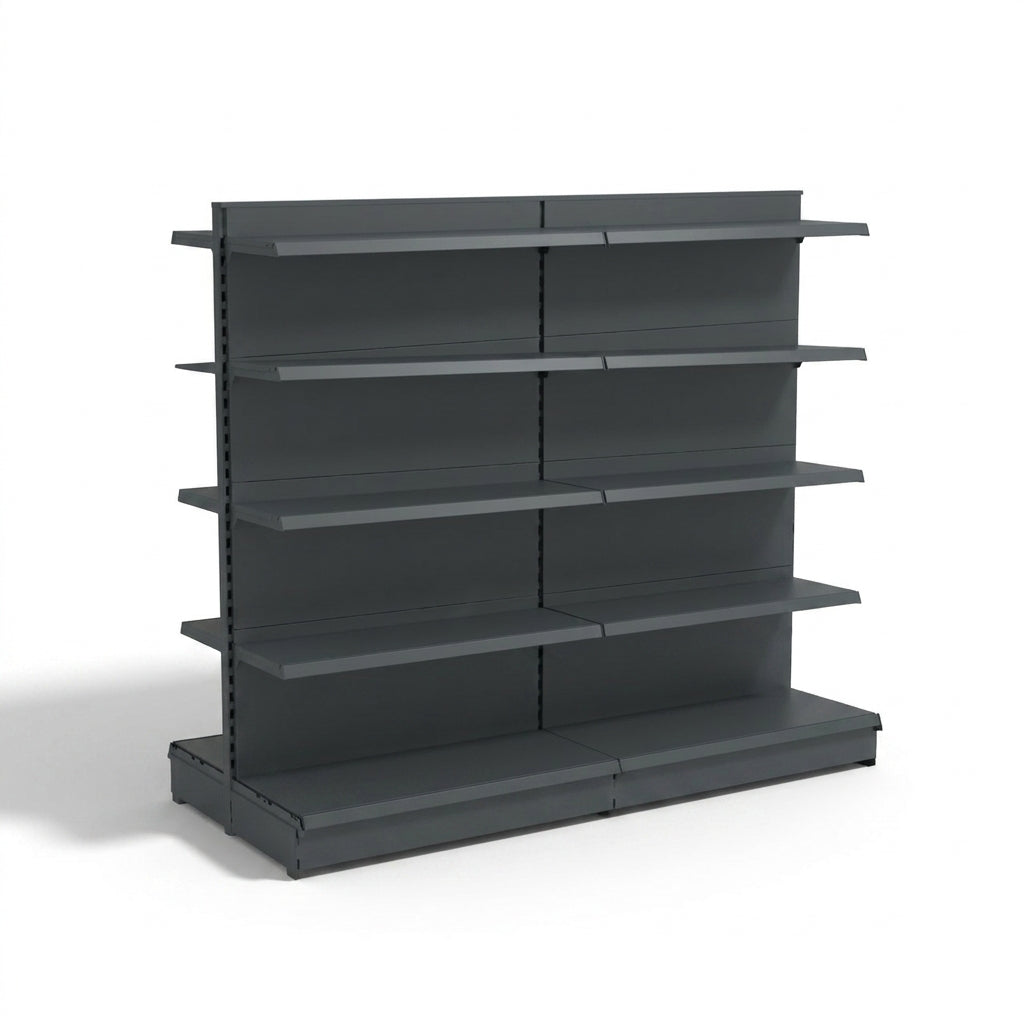 Dark Grey Retail Gondola Shelving - 2 Bays With 470mm Base Shelf - 16 Shelves