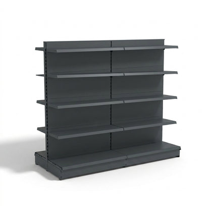 Dark Grey Retail Gondola Shelving - 2 Bays With 470mm Base Shelf - 16 Shelves
