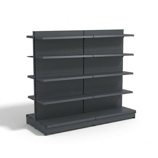Dark Grey Retail Gondola Shelving -  H1800mm - 2 Bays With 470mm Base Shelf - 16 Shelves