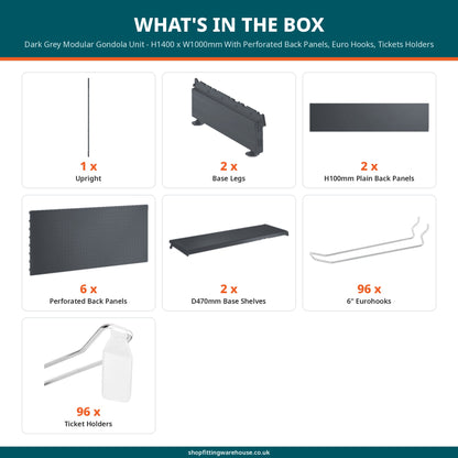 Dark Grey Modular Gondola Unit - H1400 x W1000mm With Perforated Back Panels, Euro Hooks, Tickets Holders