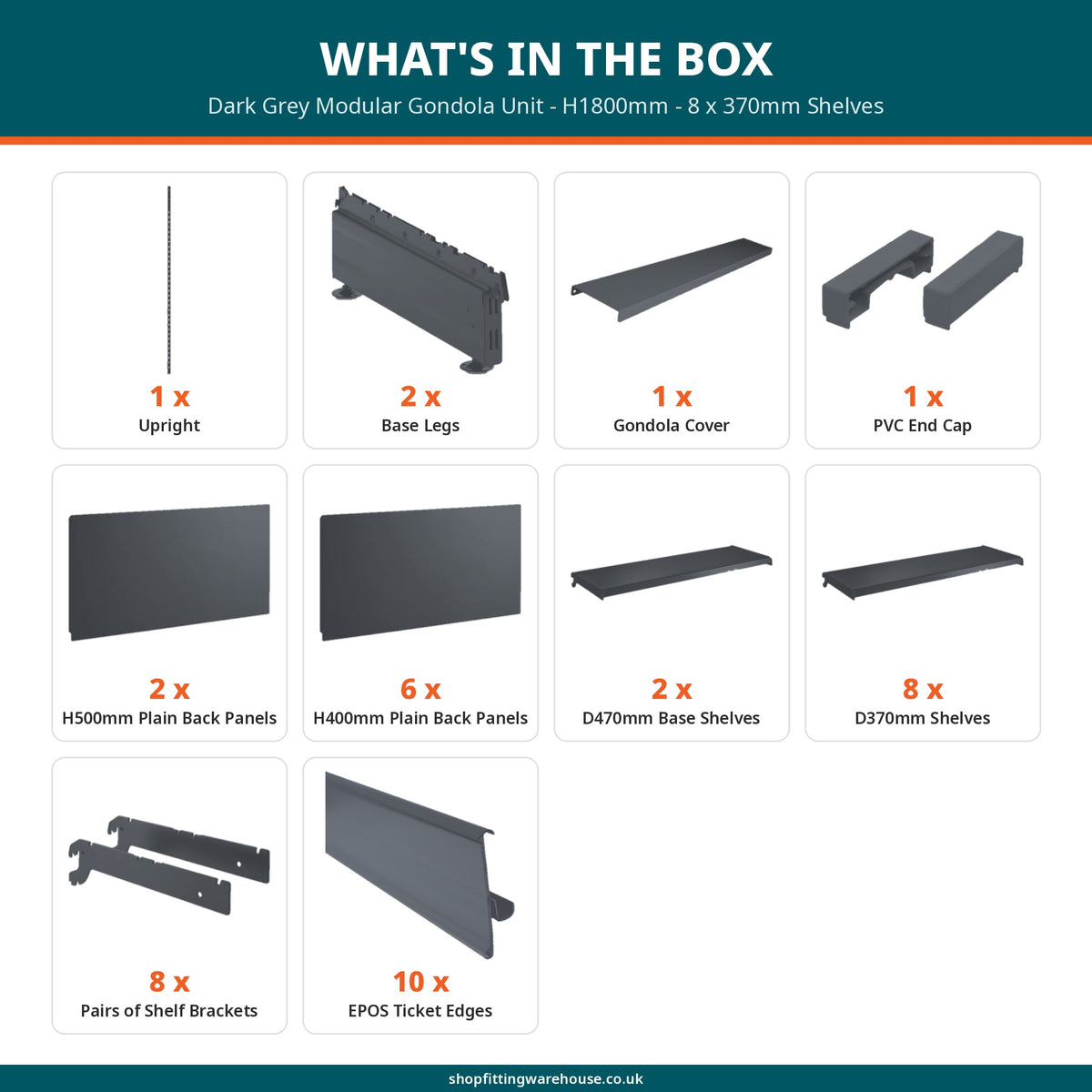 Dark Grey Modular Gondola Unit - H1800mm - 8 x 370mm Shelves