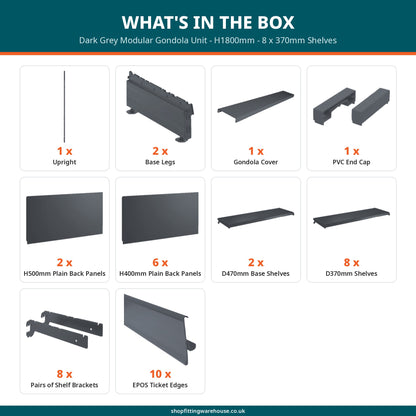 Dark Grey Modular Gondola Unit - H1800mm - 8 x 370mm Shelves