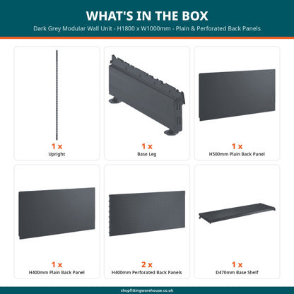 Dark Grey Modular Wall Unit - H1800 x W1000mm - Plain & Perforated Back Panels