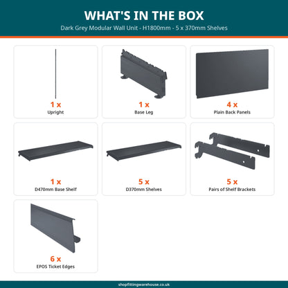 Dark Grey Modular Wall Unit - H1800mm - 5 x 370mm Shelves