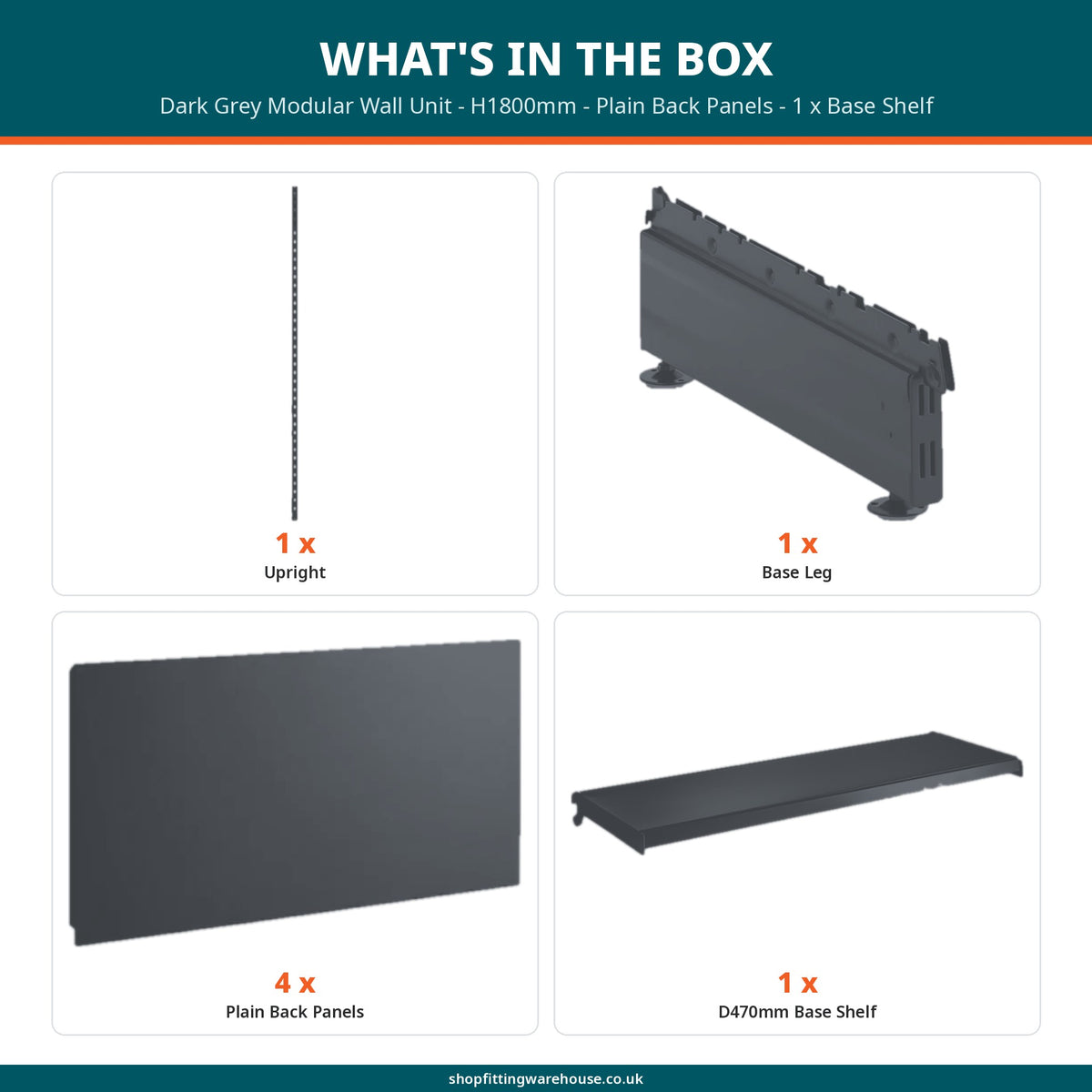 Dark Grey Modular Wall Unit - H1800mm - Plain Back Panels - 1 x Base Shelf