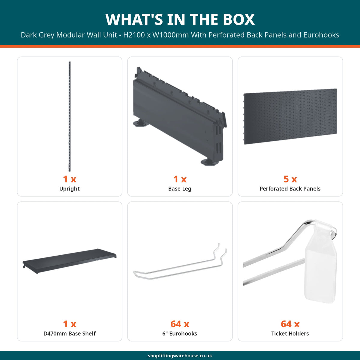 Dark Grey Modular Wall Unit - H2100 x W1000mm With Perforated Back Panels and Eurohooks