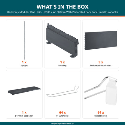Dark Grey Modular Wall Unit - H2100 x W1000mm With Perforated Back Panels and Eurohooks