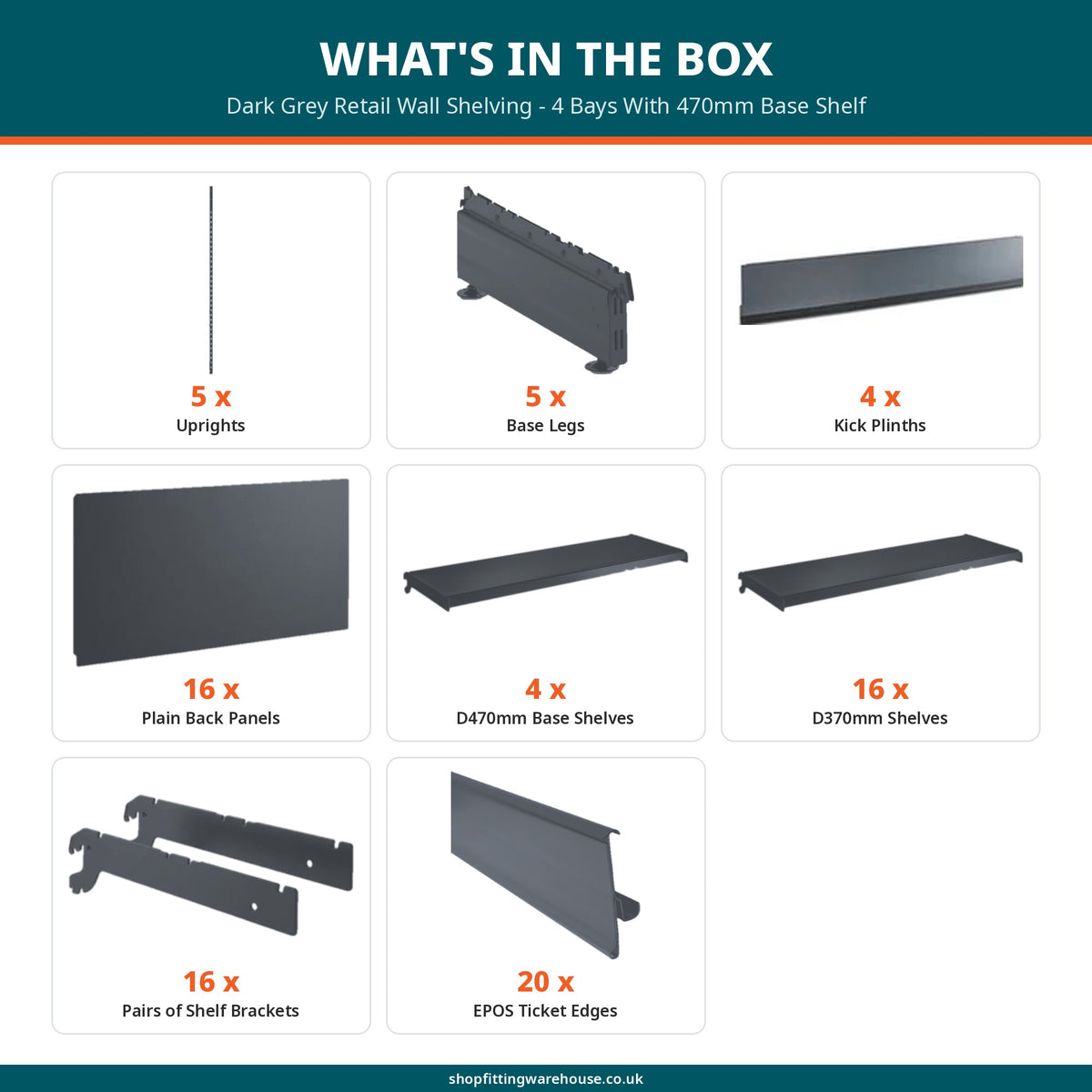 Dark Grey Retail Wall Shelving - 4 Bays With 470mm Base Shelf