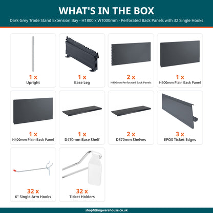 Dark Grey Trade Stand Extension Bay - H1800 x W1000mm - Perforated Back Panels with 32 Single Hooks