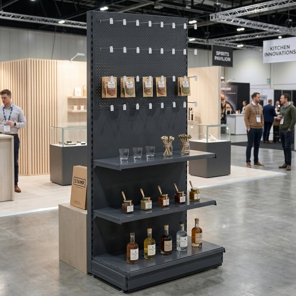 Trade & Exhibition Stand Extension Bay - Dark Grey - Perforated Back Panels - 2 Shelves and 32 Hooks - H2100mm