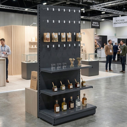 Trade & Exhibition Stand Extension Bay - Dark Grey - Perforated Back Panels - 2 Shelves and 32 Hooks - H2100mm