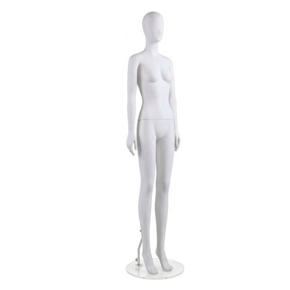 A white female mannequin stand with a glossy finish, standing on a clear circular base against a solid white background.
