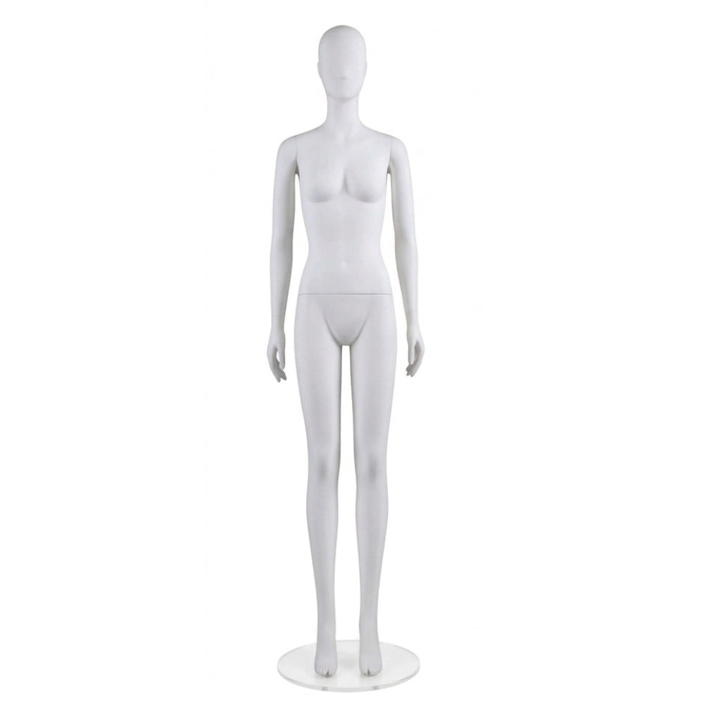 A white female mannequin with a glossy finish, standing on a round white base against a solid white background.