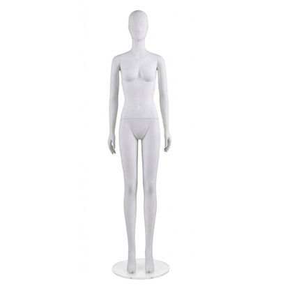 A white female mannequin with a glossy finish, standing on a round white base against a solid white background.