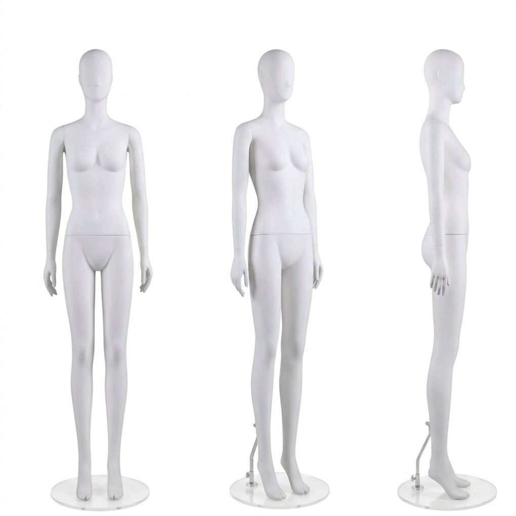 Three white female mannequins on clear acrylic bases, shown from front, three-quarter back, and side-profile views against a plain white background.