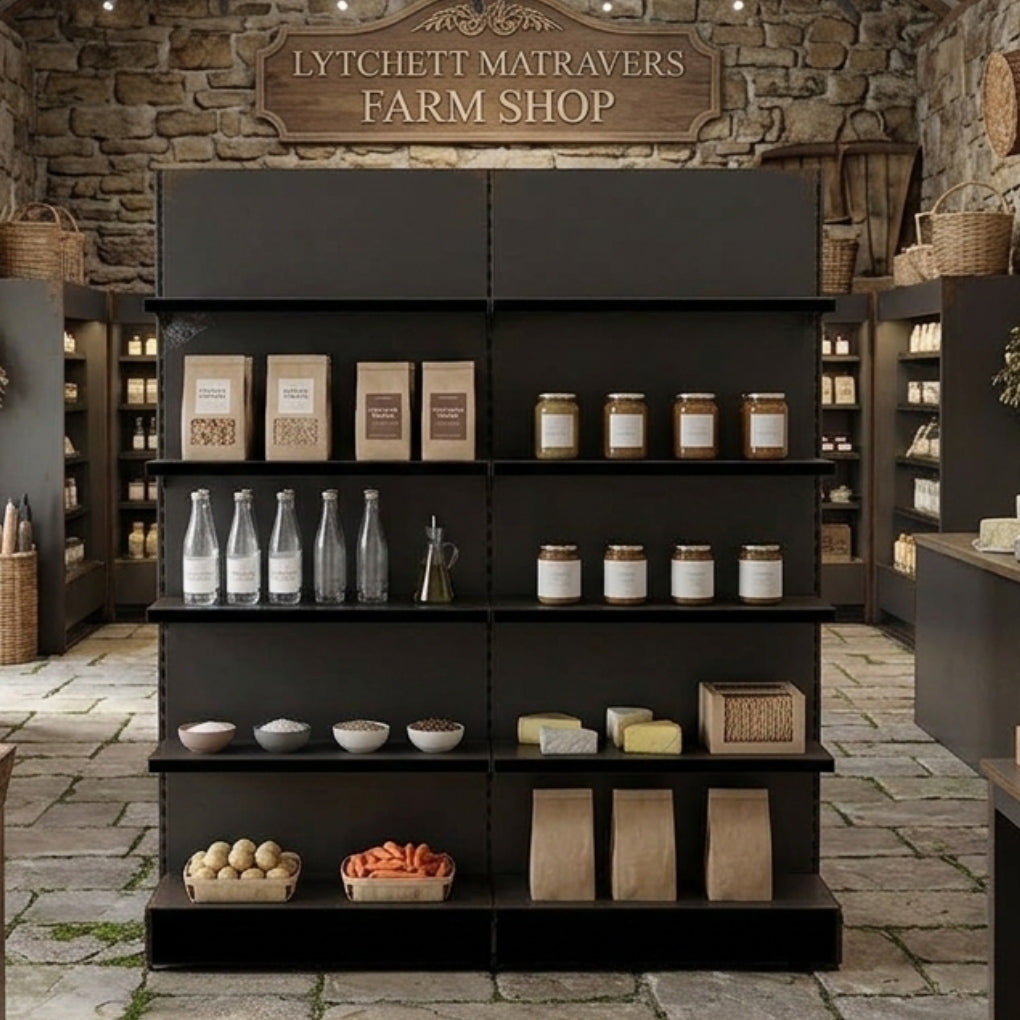 Black Retail Wall Shelving - 2 Bays With 470mm Base Shelf