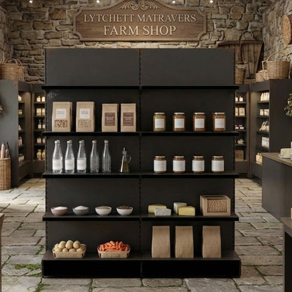 Black Retail Wall Shelving - 2 Bays With 470mm Base Shelf