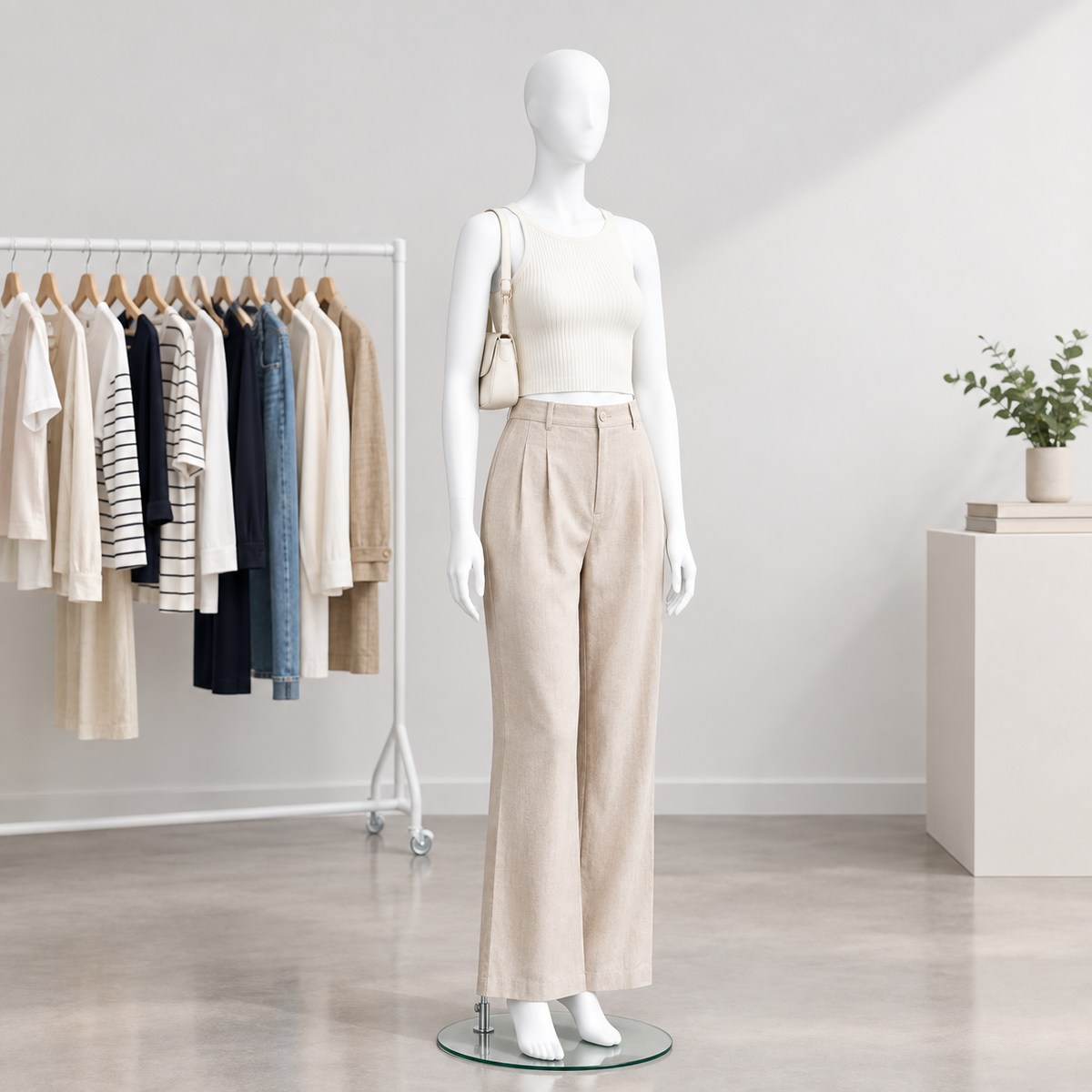 A white mannequin stands in a bright studio setting wearing a sleeveless cream top and light beige wide-leg trousers, with a small beige shoulder bag. A clothing rack with assorted garments and a small plant are visible in the background.