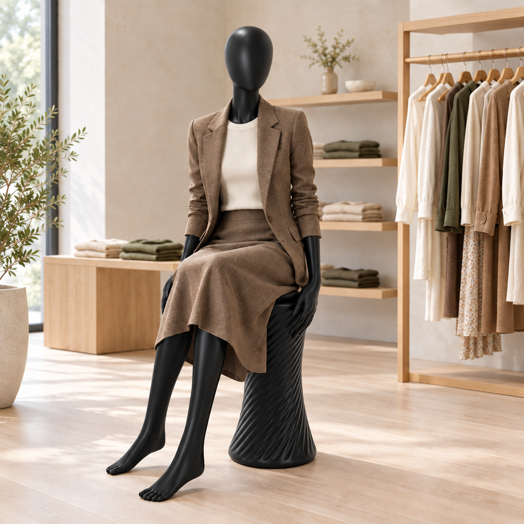 Female seated mannequin with smoothed jawline