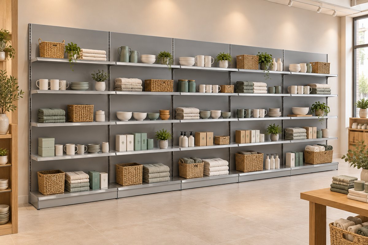 Five-bay silver wall shelving in a modern homewares shop